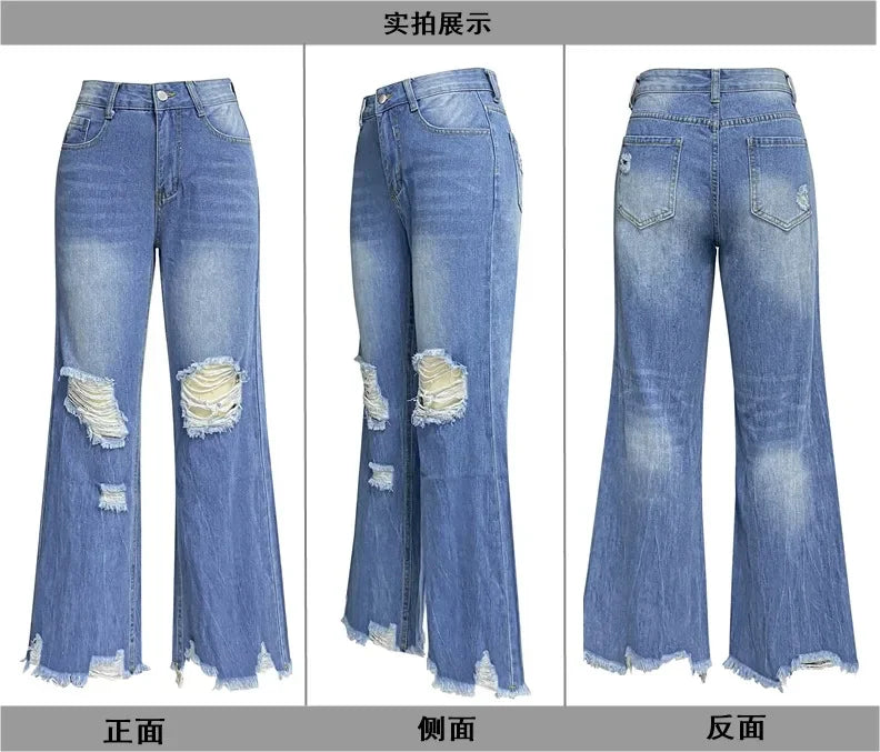 Hole Blue Jeans for Women High Waist Mom Straight Pants Mom Denim Autumn Casual Long Streetwear Y2k Trousers Capris Baggy