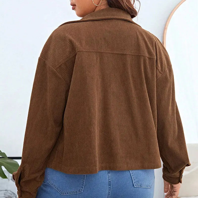 Plus Size Turn Down Collar Corduroy Bomber Jackets Women Casual Loose Short Velvet Coats Autumn Brown Long Sleeve Outwear